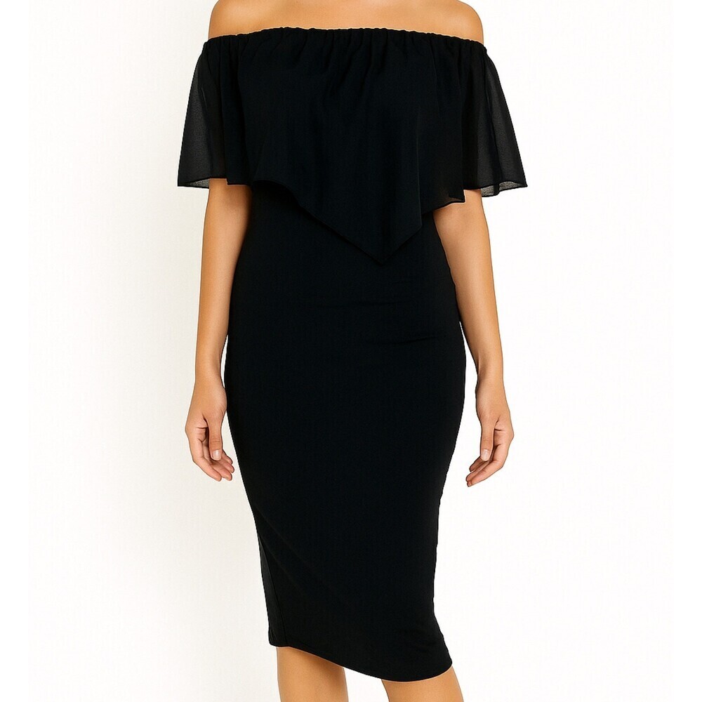 French Atmosphere dress black body con chiffon ruffle top off the shoulder SZ L
